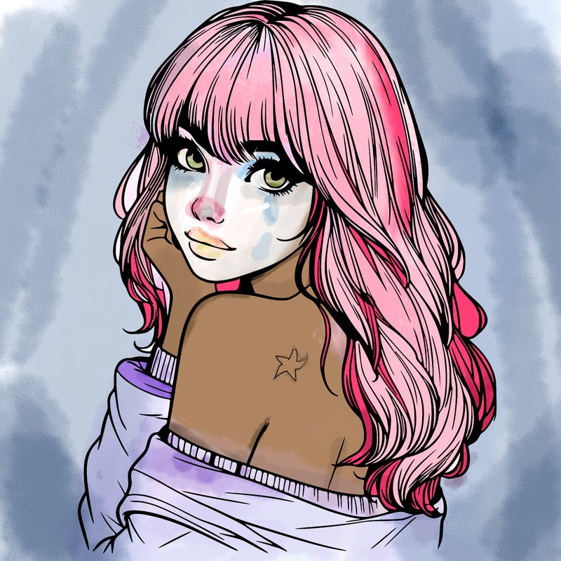 realistic girl with bangs looking over her shoulder