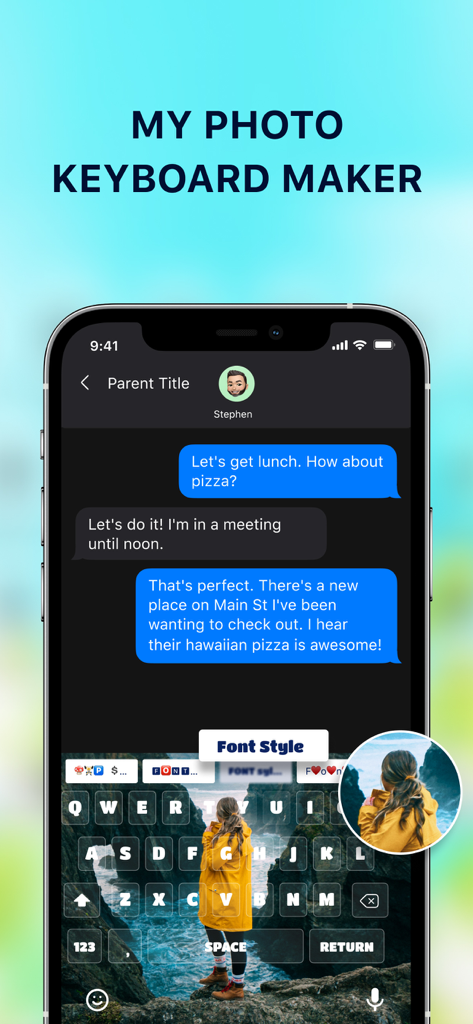 My Photo Background Keyboard - Un smartphone mostrando una aplicación de mensajería con un teclado con fondo de foto personalizado.