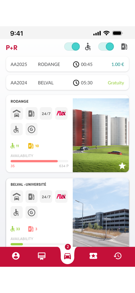 Interfaz de la aplicación móvil que muestra la ocupación de estacionamiento en tiempo real y los detalles de las instalaciones para las ubicaciones P+R de Rodange y Belval.