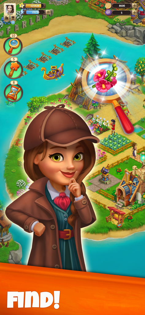 Farland: Adventure Story - Personaje femenino con atuendo de detective buscando objetos ocultos en un pueblo costero de granjas