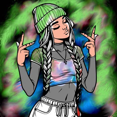 realistic teenage girl with braids and a beanie and crop top doing 🫶🏼