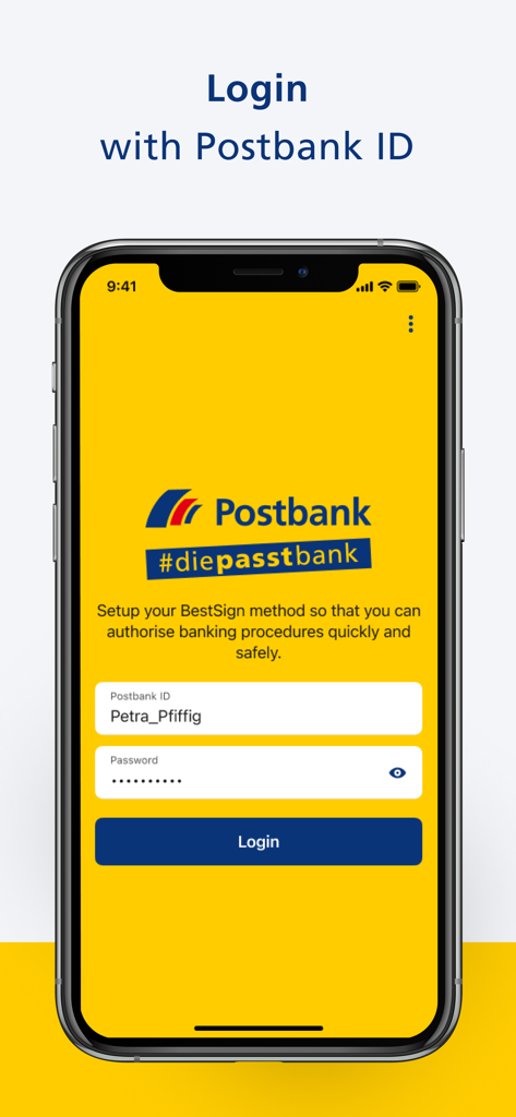 Postbank BestSign app login screen showing fields for Postbank ID and password