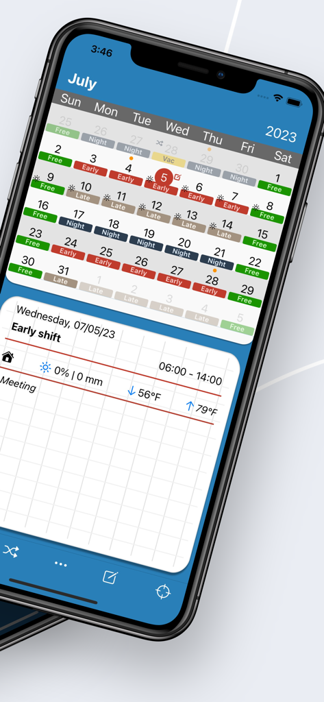 Schichter - Shift calendar - Calendario de turnos mensual con turnos de trabajo codificados por colores y pronóstico del tiempo en el iPhone.