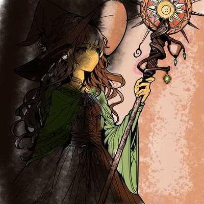 a realistic fantasy manga witch with a staff