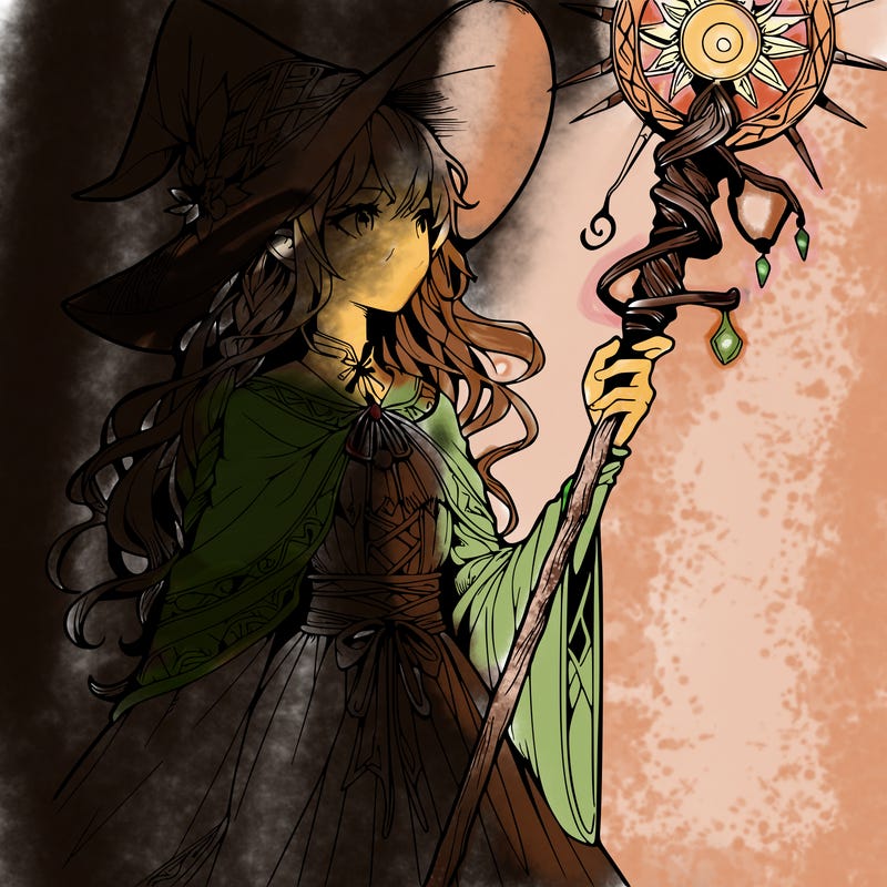 a realistic fantasy manga witch with a staff