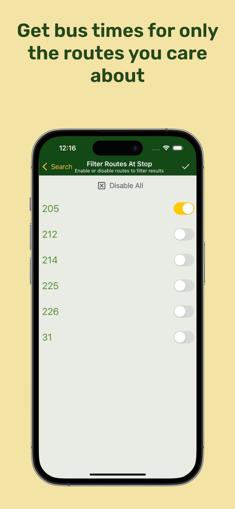 Mobile screen showing the route filtering feature to enable or disable specific bus routes at a stop