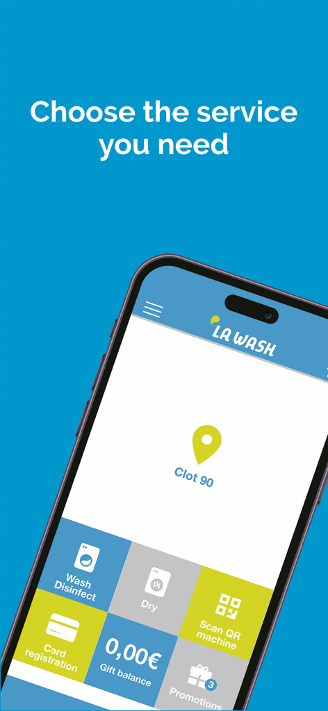 LAWASH - Schermata dell'applicazione mobile LAWASH per la selezione dei servizi di lavaggio e asciugatura