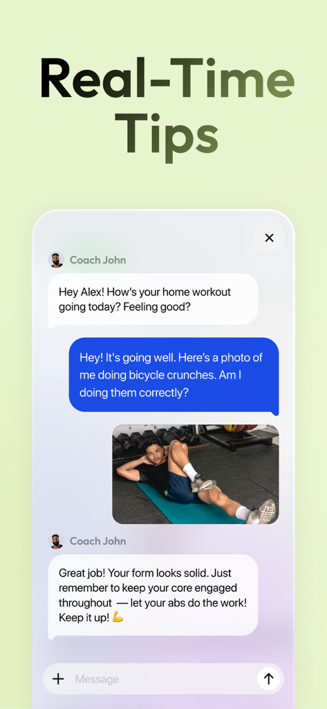 Zing AI: Home & Gym Workouts - Interface showing an AI coach giving real-time exercise form tips through a chat window.