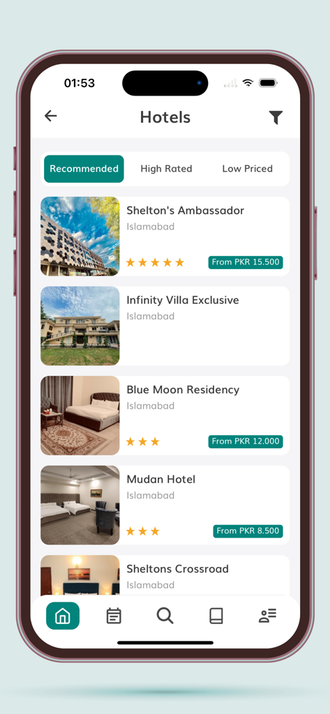 Porter Pakistan - Aplicativo móvel Porter Paquistão mostrando uma lista de hotéis recomendados em Islamabad com preços e avaliações.