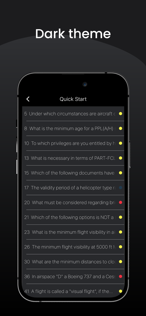PPL: Pilot Aviation License - L'interfaccia dell'app PPL Pilot Aviation License che mostra un elenco di domande d'esame in modalità scura.