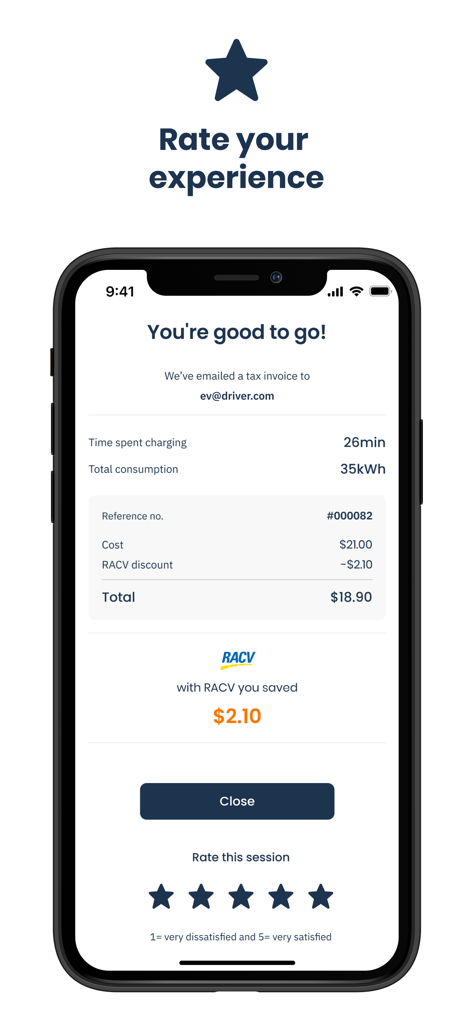 Chargefox: EV Charging Network - Una pantalla de resumen en la app Chargefox que muestra la duración de la recarga, el consumo total de energía y el coste final con un descuento aplicado.