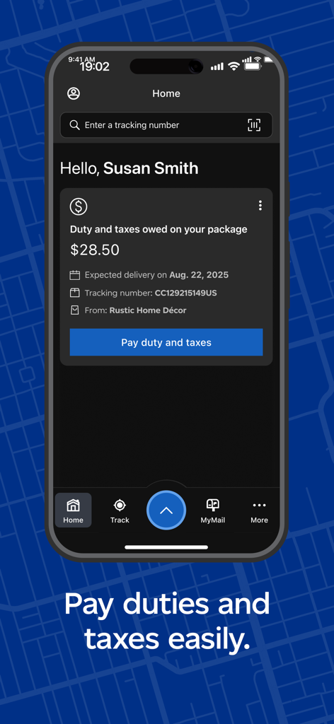 Canada Post mobile app screen showing a duty and tax payment notification for an international shipment.