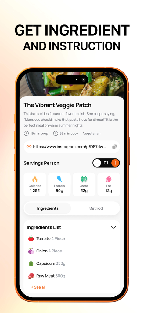 Recipedia app interface displaying extracted recipe ingredients and nutritional data for a meal
