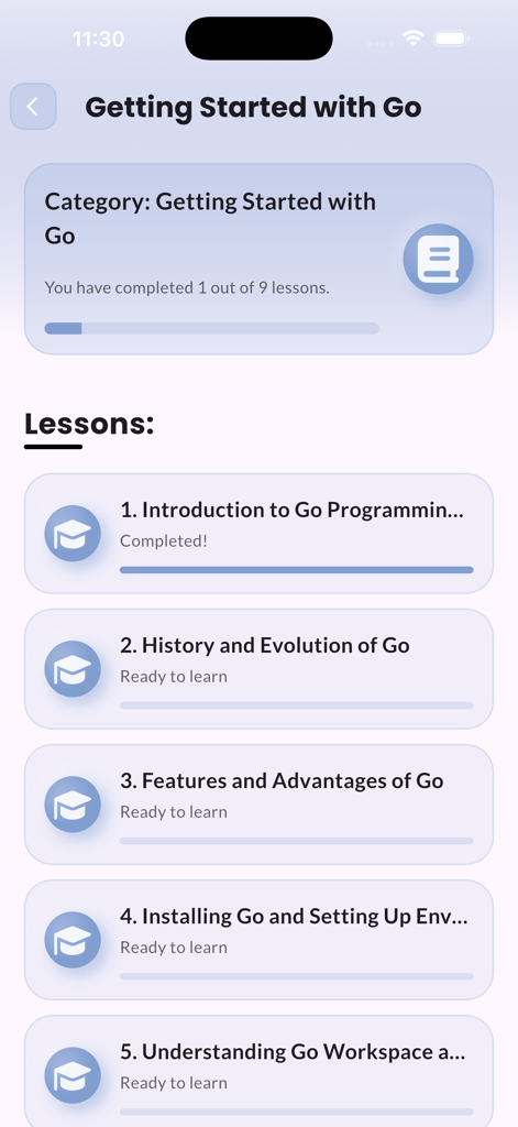 Learn Go Lang | GoPrgramming - Un elenco di lezioni per il modulo Iniziare con Go che mostra il progresso del completamento e lo stato della lezione.