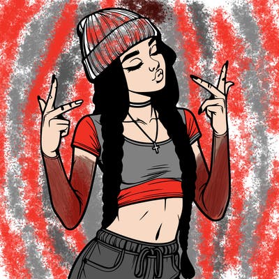 realistic teenage girl with braids and a beanie and crop top doing 🫶🏼
