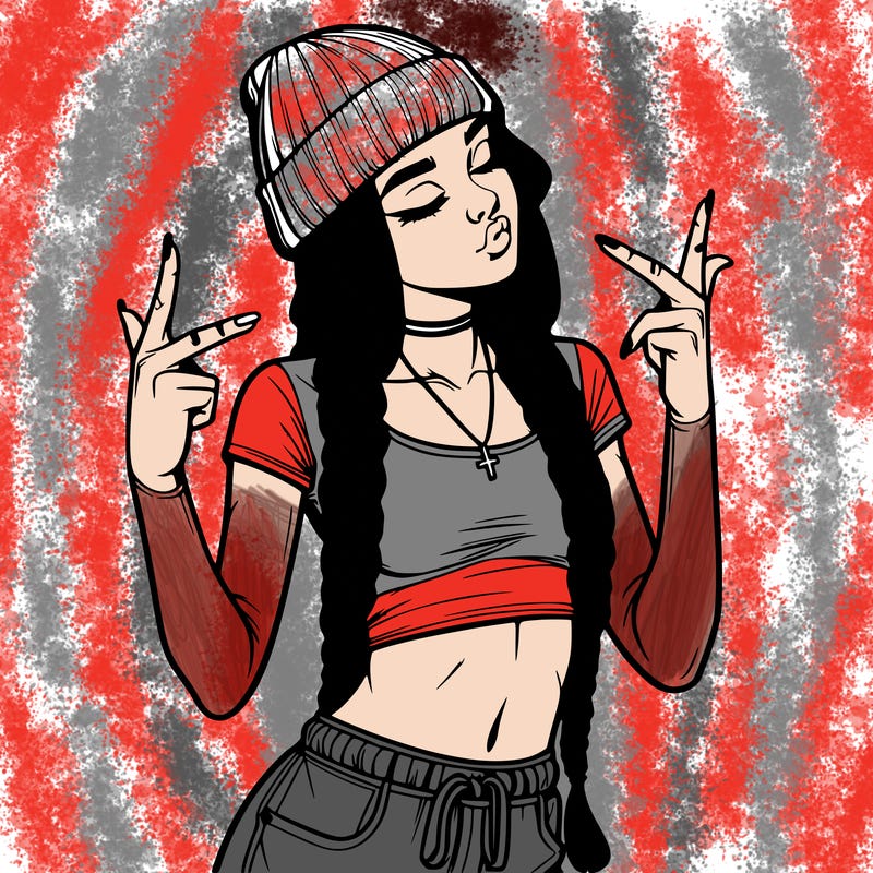 realistic teenage girl with braids and a beanie and crop top doing 🫶🏼