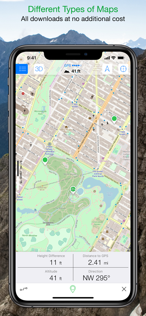 Maps 3D - Hike & Bike - An iPhone screen displaying a detailed topographic map with real time altitude and distance tracking data