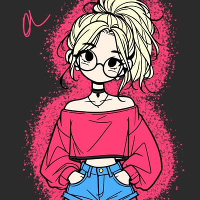 girl with a messy ponytail glasses a baggy crop top and jean shorts