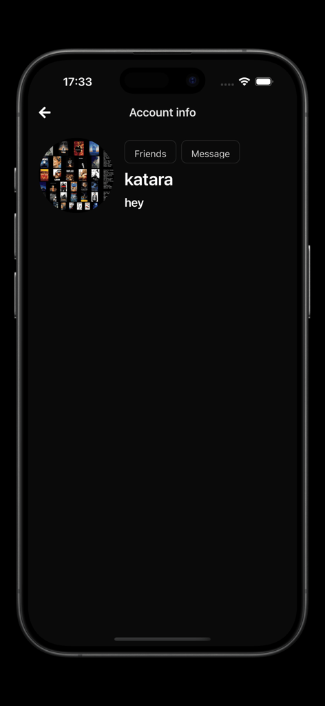 aSTRING Chaos - A user profile screen in the aSTRING Chaos app showing the username katara and a circular collage avatar on a dark interface.