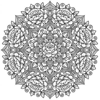 Immerse yourself in the tranquil beauty of this exquisite Coral Peony Mandala coloring page, featuring a symmetrical design of lush floral patterns. Perfect for unwinding and exploring vibrant color palettes.
