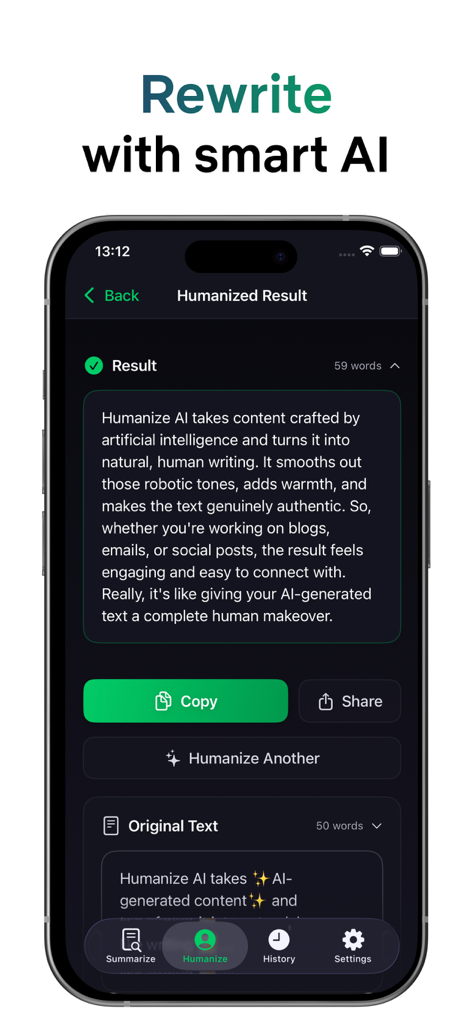 Humanize AIアプリのインターフェース。パラフレーズのための人間化されたテキスト結果を示しています。