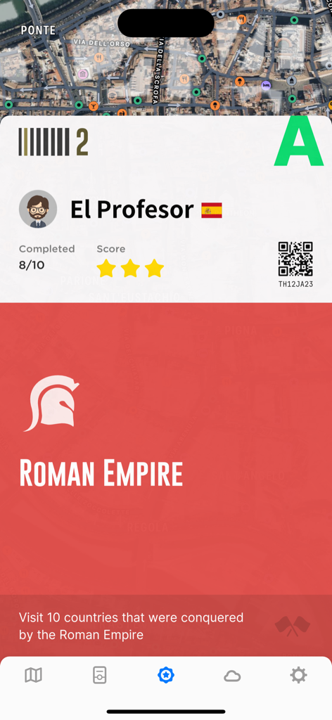 Fog of World app screen showing the Roman Empire achievement progress for a user profile.
