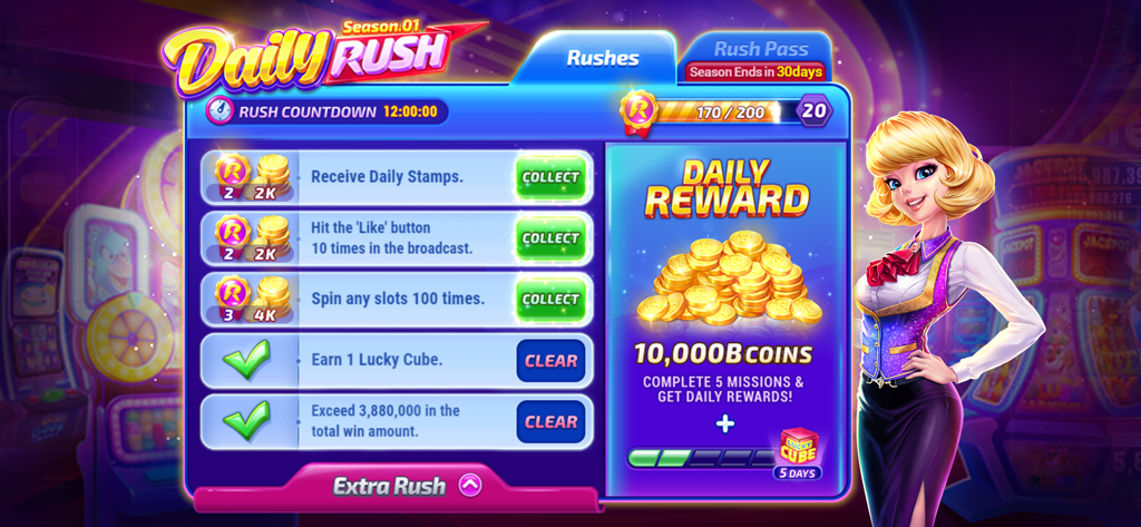 Rock N Cash Casino Daily Rush screen showing missions and a 10 billion coin reward