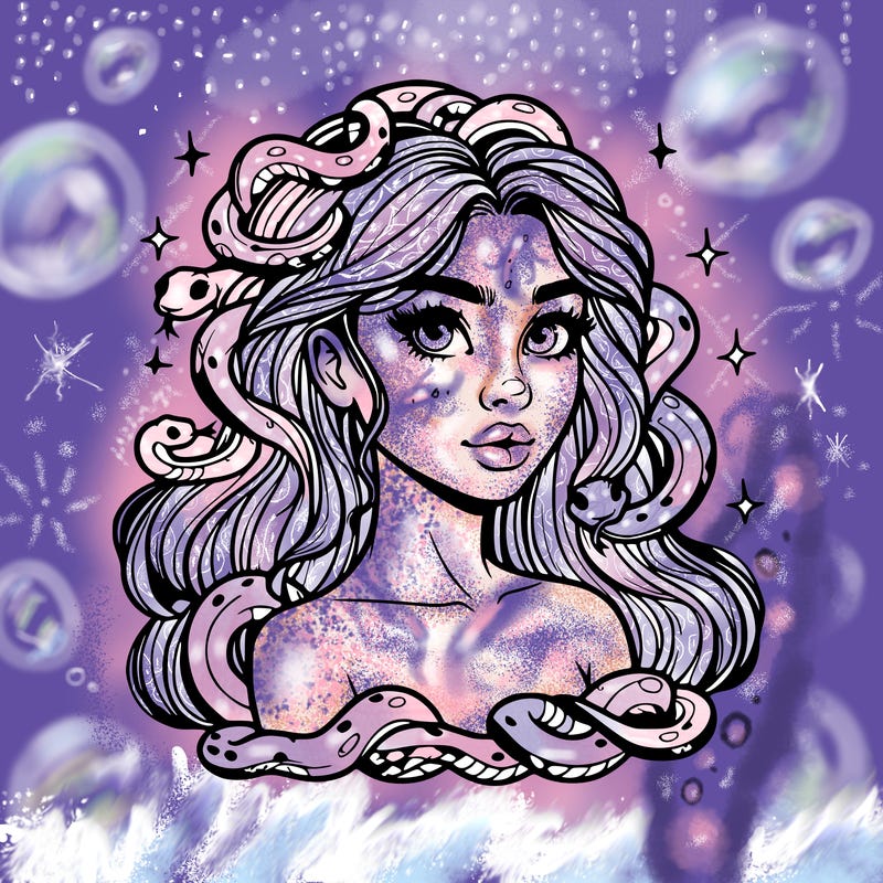 realistic girl with snakes as hair