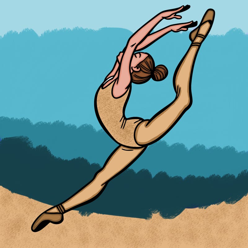 gymnast doing a leap in a leotard with a bent back leg