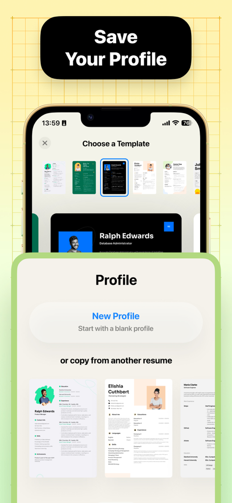 Resume Maker: CV Maker - Interfaz de la aplicación móvil mostrando opciones de creación de perfil y selección de plantillas de currículum profesionales para un creador de CV.