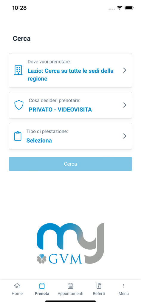 Interface de recherche de l'application MY GVM pour réserver des rendez-vous médicaux et des visites vidéo