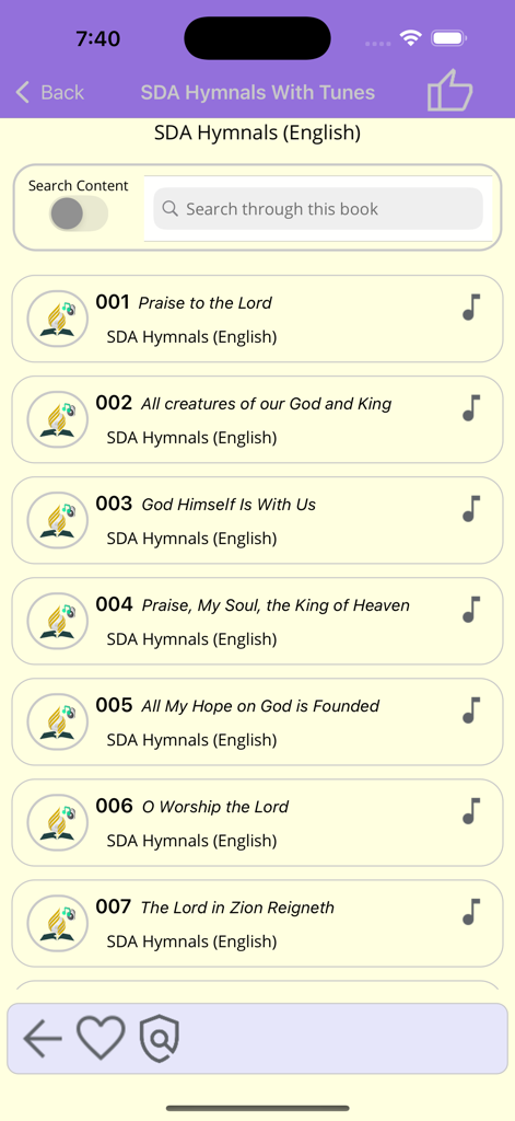 SDA Hymnals With Tunes - Elenco di inni SDA in inglese nell'app SDA Hymnals With Tunes