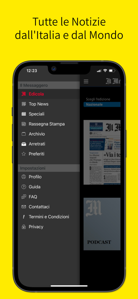 Il Messaggero mobile app interface showing the side navigation menu with news categories and settings.