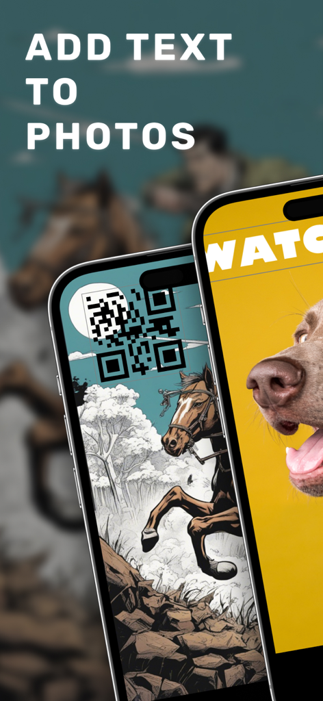 Watermark・Add Text on Photo - Interfaz de la aplicación móvil mostrando marcas de agua de texto y código QR añadidas a fotos