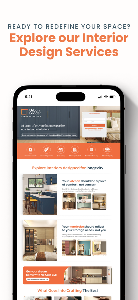 Urban Ladder - Pantalla de la aplicación Urban Ladder que muestra servicios profesionales de diseño de interiores para cocinas y armarios modulares