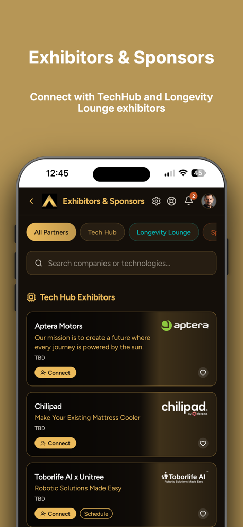AbundanceHub - AbundanceHub app interface showing a list of tech exhibitors and sponsors for networking at the summit