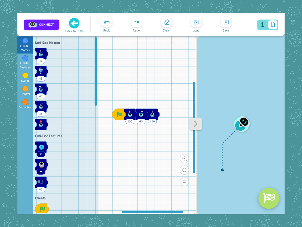 Loti-Bot - Loti-Bot iPad app interface featuring block-based coding blocks and a robot path preview.