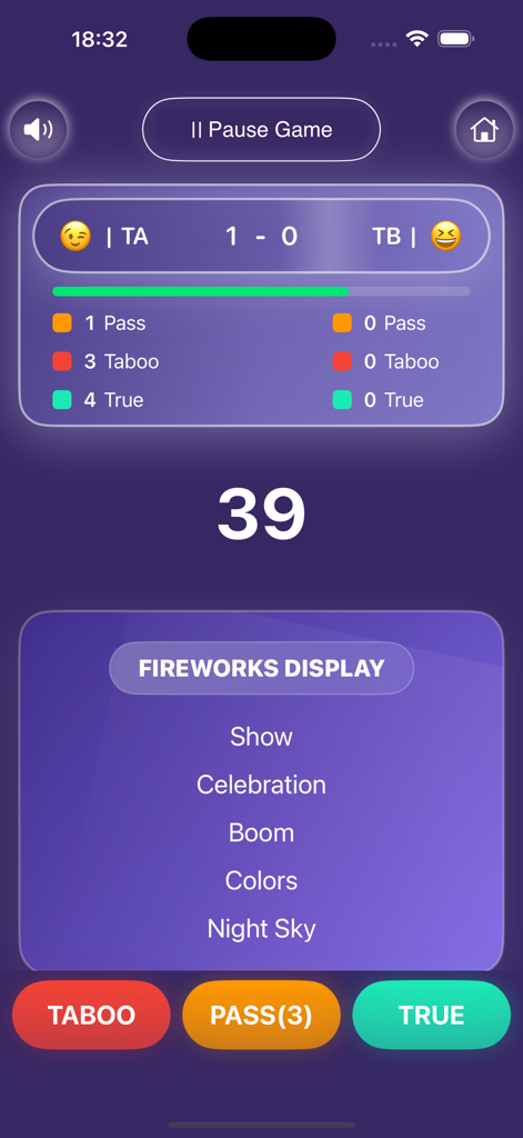 Taboo Game Offline  Many Words - Interface de jogabilidade móvel do Jogo Tabu Offline apresentando a exibição de palavras 'fogos de artifício' e um cronômetro.