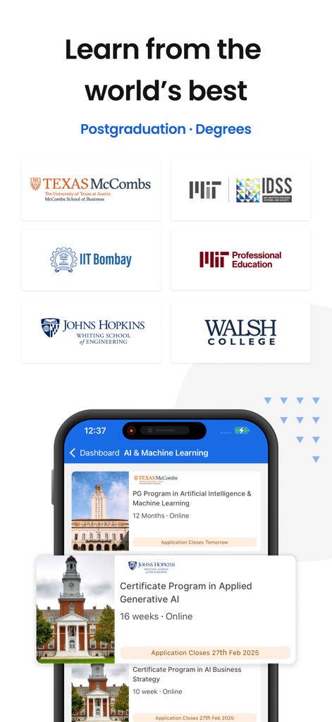 Interfaz de la aplicación Great Learning que muestra títulos de posgrado y universidades asociadas como MIT y Johns Hopkins