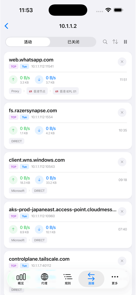 Clash Mate app interface showing active network connections and real-time traffic monitoring on iPhone