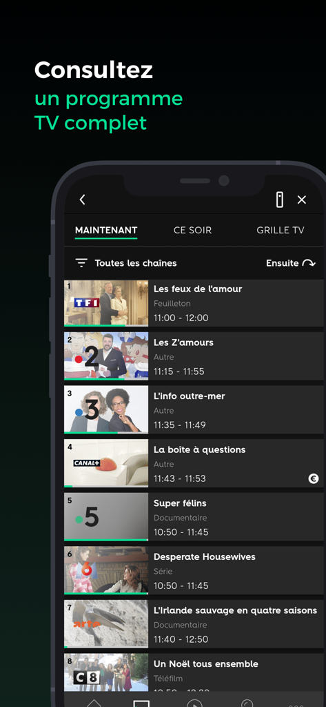 Oberfläche der RED TV-App, die einen Live-Programmführer für französische Fernsehsender anzeigt