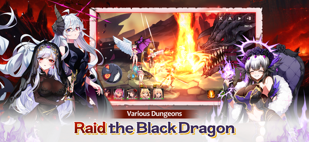 Gameplay screenshot of Sword Master Story showing a boss raid against the Black Dragon with anime characters and pixel art