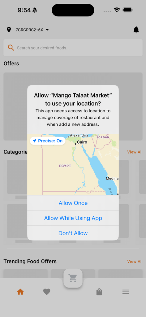 Mango Talaat app location permission prompt on an iOS device