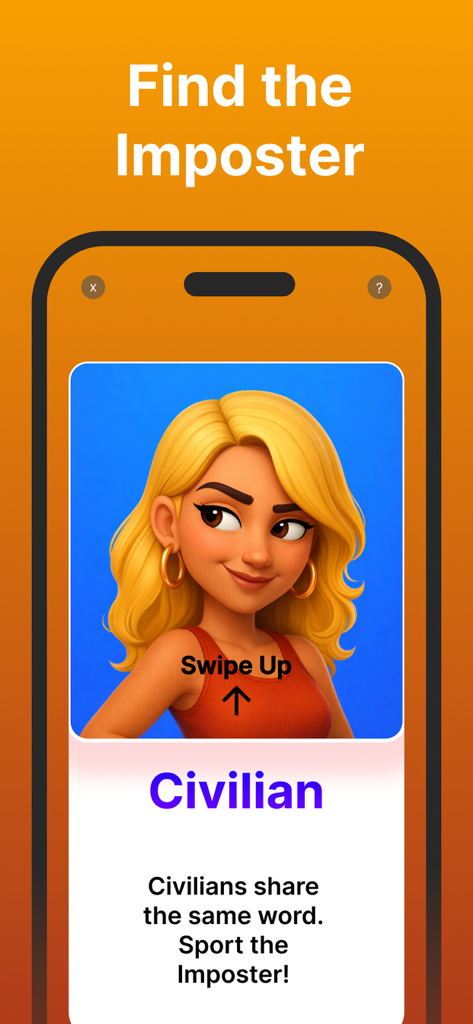 Imposter Up - Who is the Spy? - Mobile app screenshot of the Civilian character card in the social deduction game Imposter Up