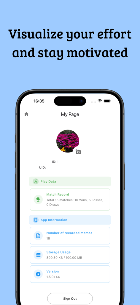 Tennis Memo - 10勝5敗の試合記録を示すテニスノートアプリのプロフィールページ。