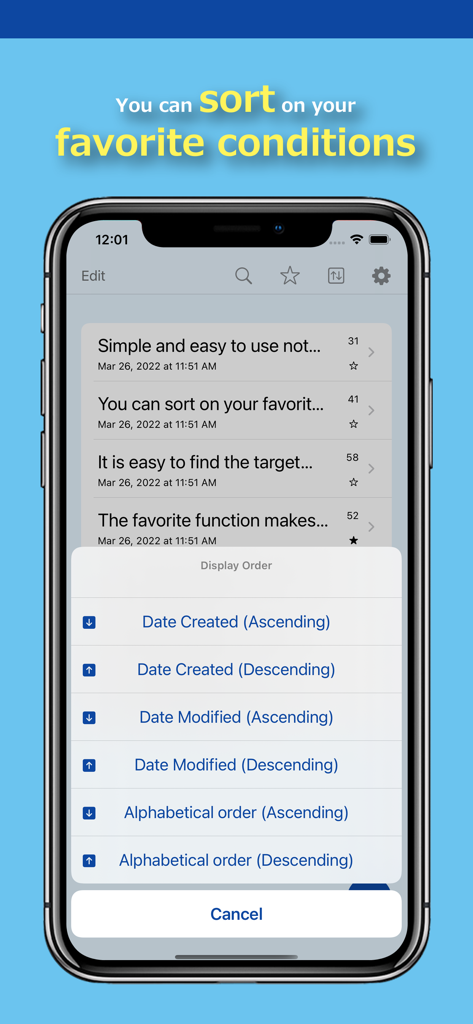 Memo Pad - Simple Note Pad - A mobile screen showing the sorting options for notes including date created, date modified, and alphabetical order.