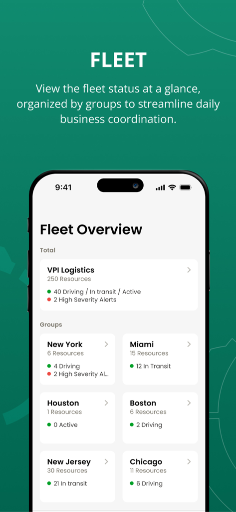 Powerfleet Manager - Fleet Overview dashboard in the Powerfleet Manager app showing vehicle status and alerts organized by city groups like New York and Miami.