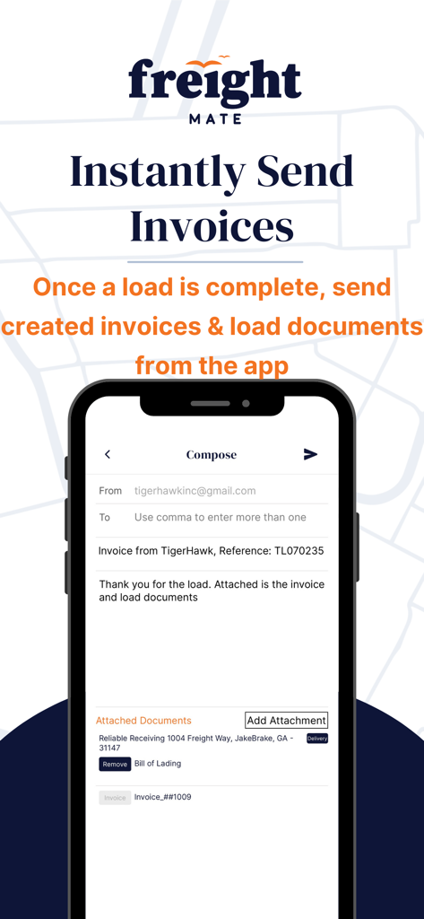 Freight Mate - Interface do aplicativo Freight Mate para enviar faturas e documentos de carga instantaneamente.