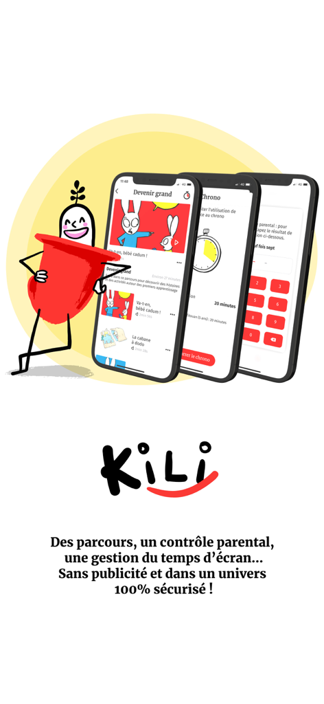 KiLi app interface showcasing parental controls, screen time management, and children stories with a cartoon character.