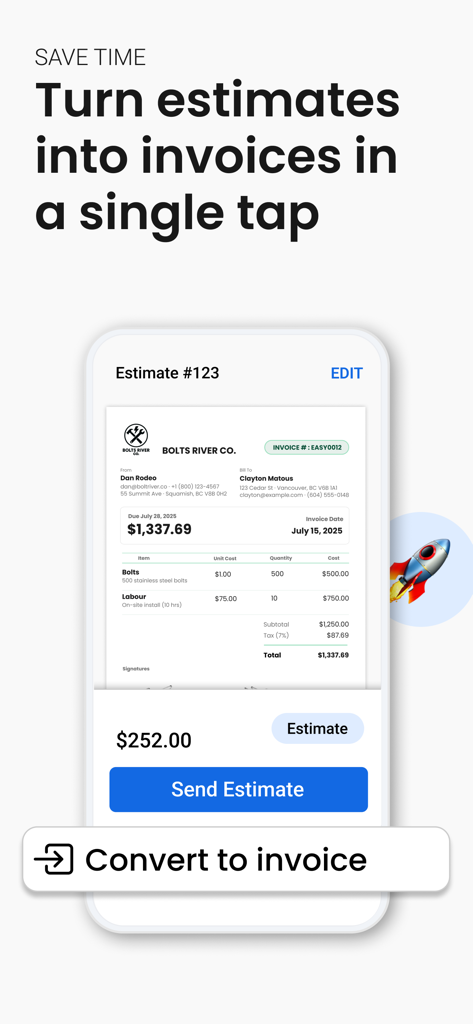 Invoice Maker by Easy Expense - Smartphone screen showing the feature to turn a business estimate into an invoice in one tap